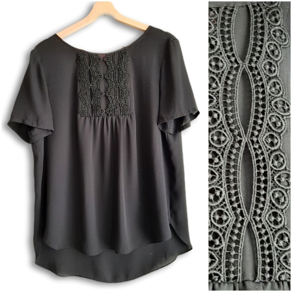 Joe Fresh Tops - JOE FRESH Lace Detail Semi-Sheer Light Flowy Blouse Top High-Low Hem Black Sz L